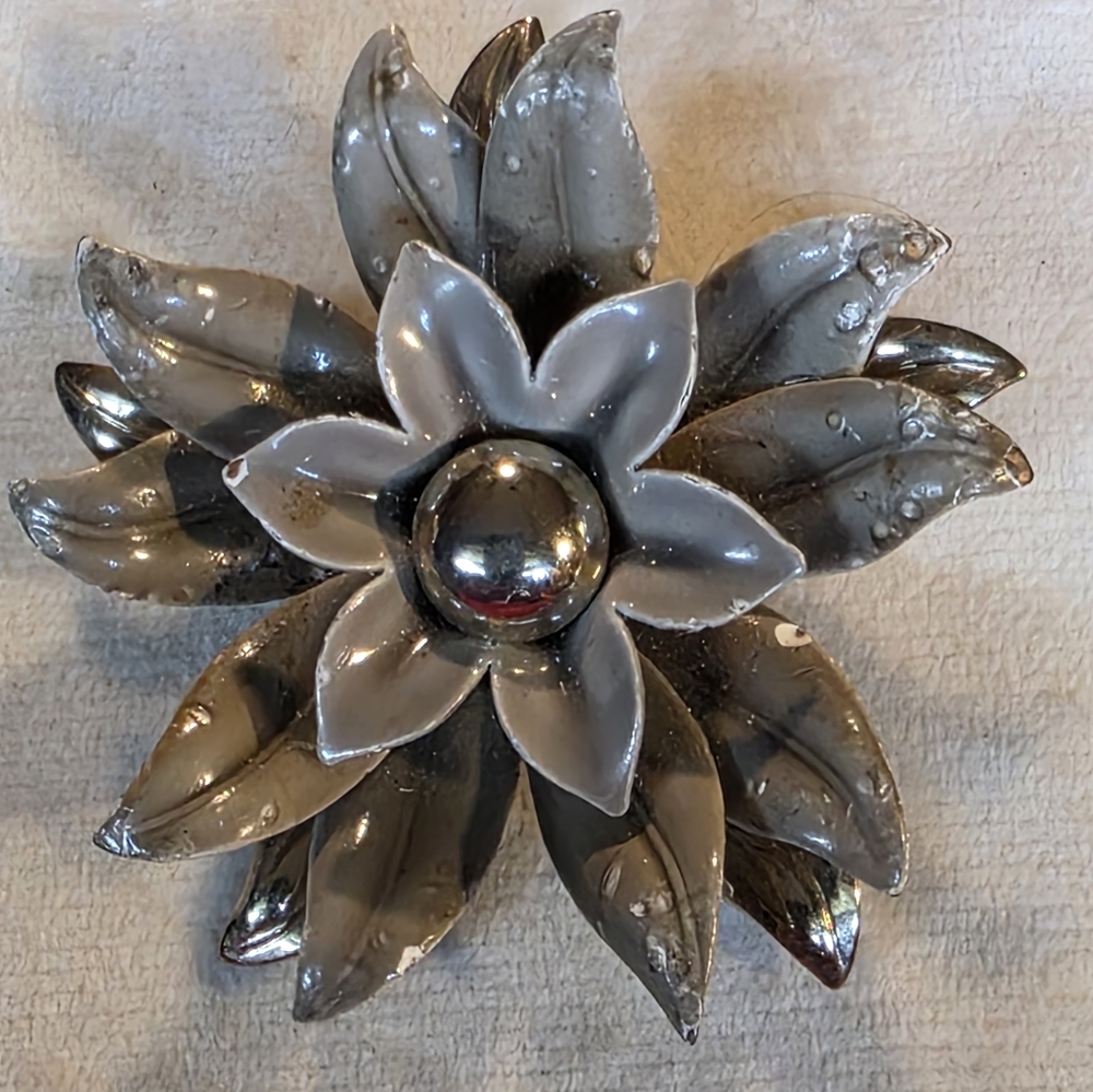 Vintage Enamel Silver and Gray Floral Brooch